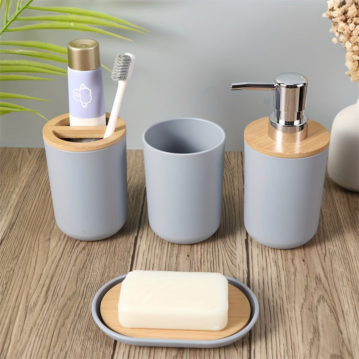 Badaccessoarer Set med Bambulock – 4-delars Set för Badrumsinredning