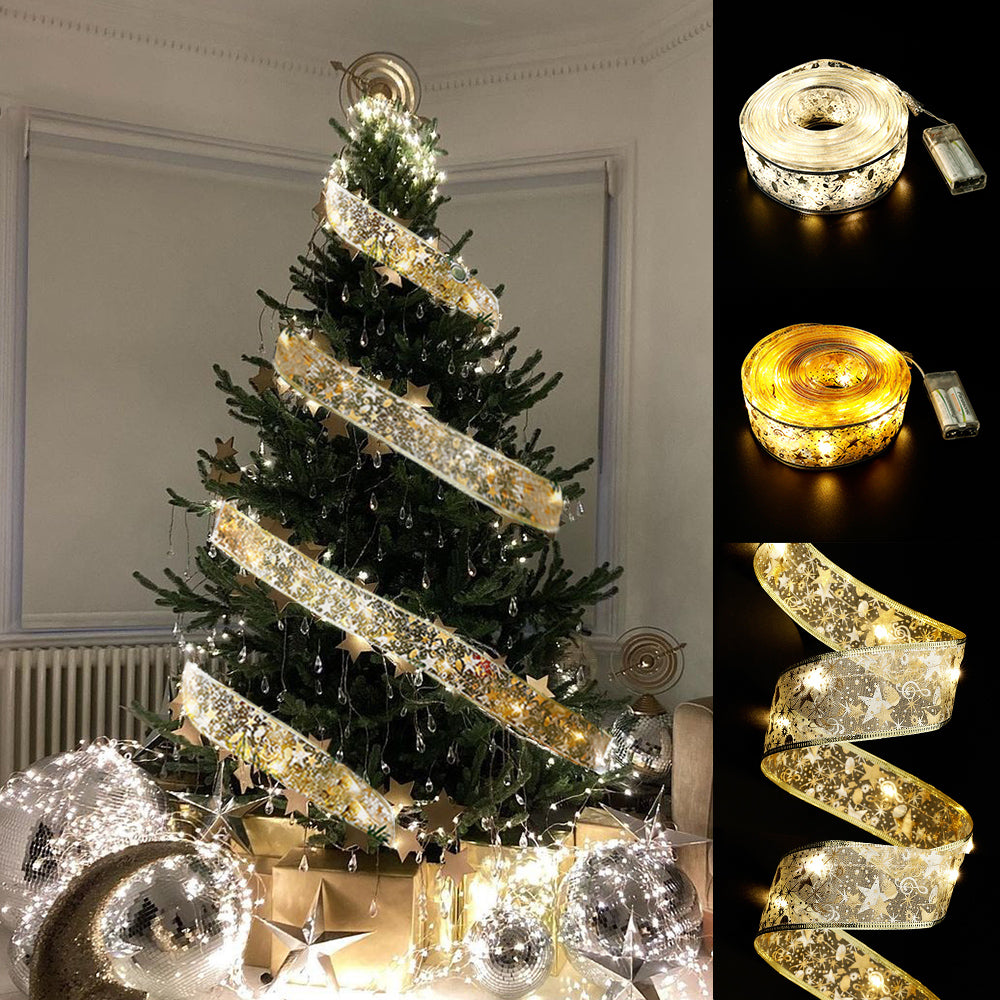 Guldfärgat julband med LED-lampor i granen