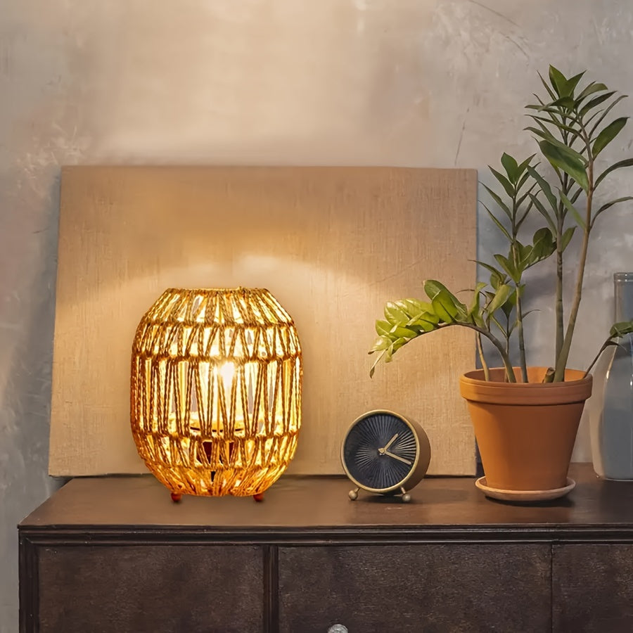 Bohemisk Rattan Bordslampa – Handgjord Ljus Accent för Sovrum eller Vardagsrum