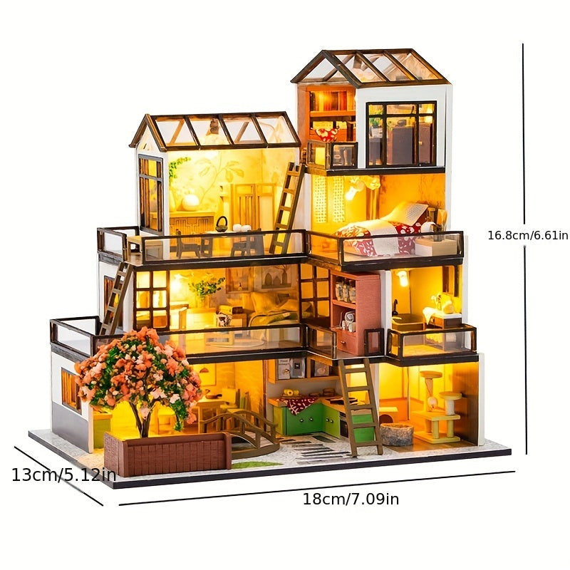 Miniatyr Villa 3D Pussel Kit – Handgjord Modell med LED-belysning och Detaljerad Interiör