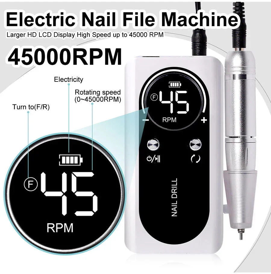Högpresterande 45000RPM Bärbar Elektrisk Nagelfil Med Batteri | Tyst Design för Professionell Manikyr