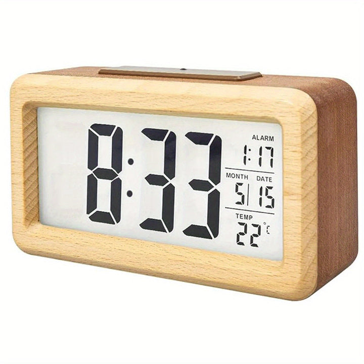 Trä Digital Väckarklocka – LED-display med Temperatur och Datum