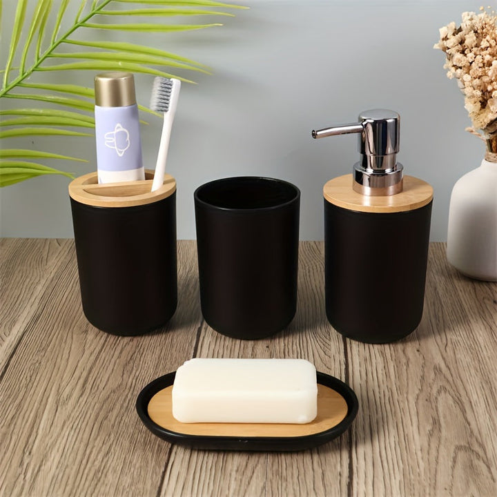 Badaccessoarer Set med Bambulock – 4-delars Set för Badrumsinredning