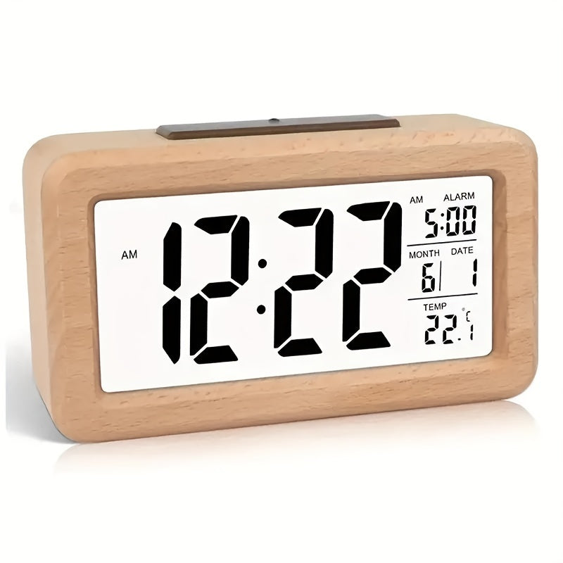 Trä Digital Väckarklocka – LED-display med Temperatur och Datum