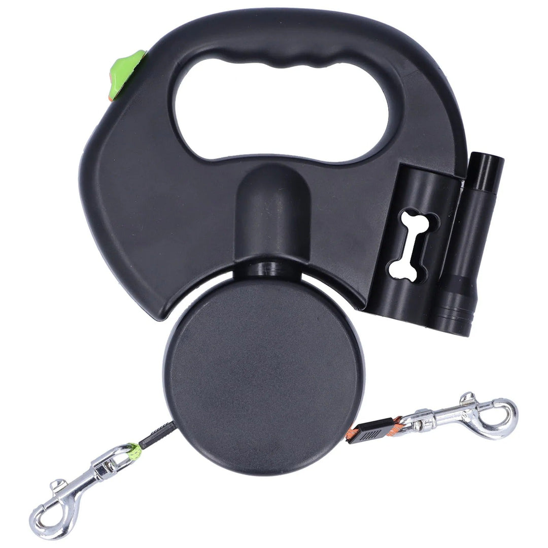 Retractable Dubbel Hundkoppel – Automatisk 1-Till-2 Husdjurskoppel med Ficklampa &amp; Påse Dispenser