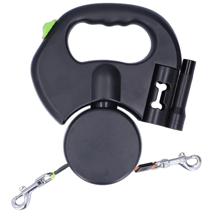 Retractable Dubbel Hundkoppel – Automatisk 1-Till-2 Husdjurskoppel med Ficklampa &amp; Påse Dispenser