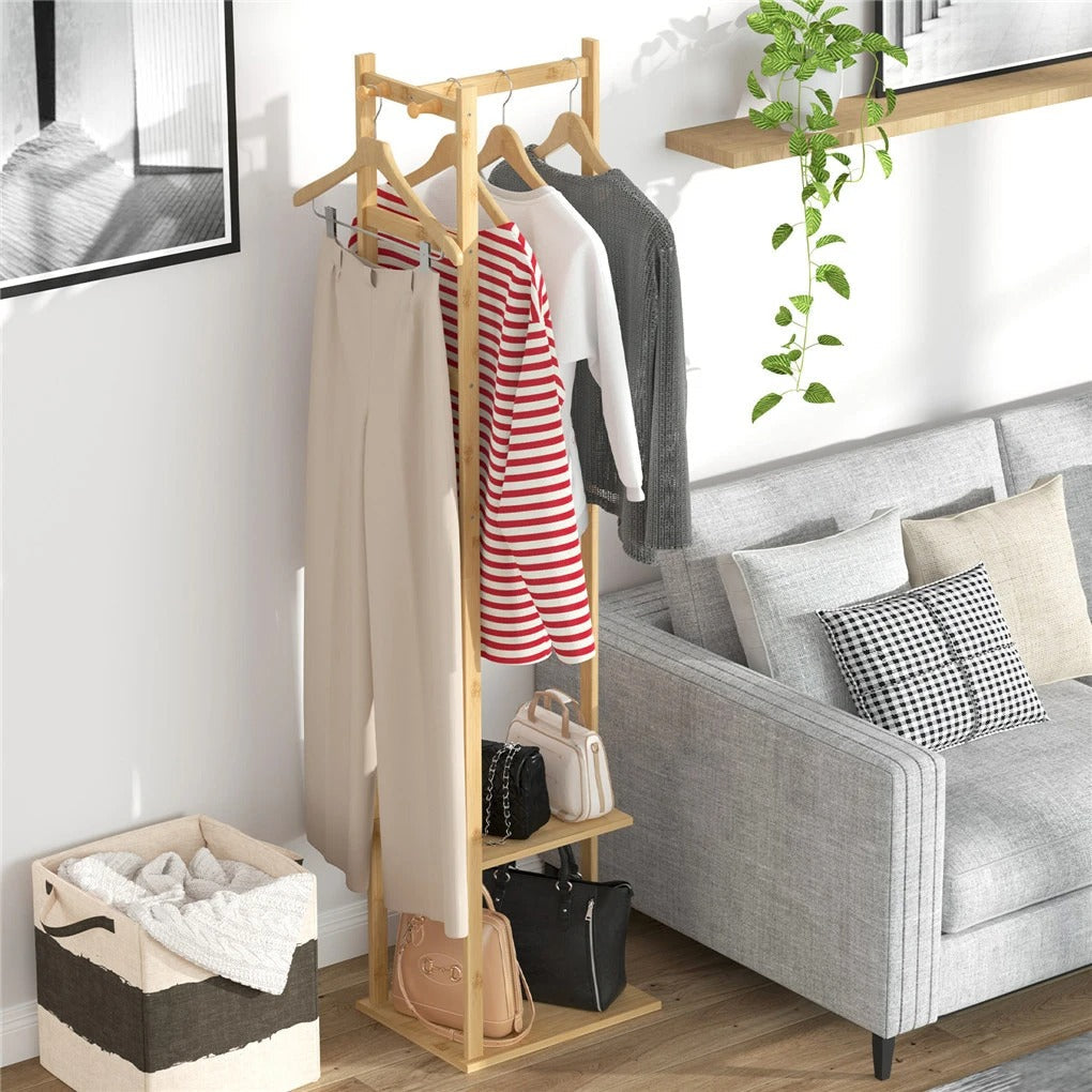 HarmonyWood Rack - Bambu-hörneregale med krokar och hyllor