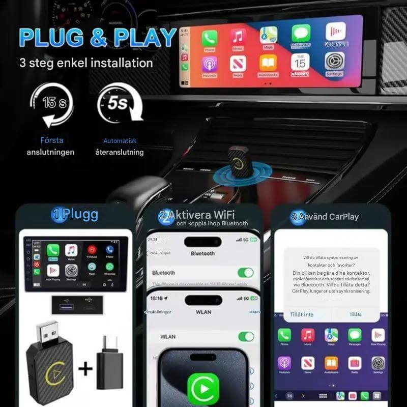 CarloBox – Trådlös CarPlay &amp; Android Auto Adapter | Enkel Plug &amp; Play för en Sladdfri Bilupplevelse