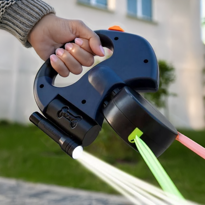 Dubbelt utdragbar hundkoppel med ficklampa och avfallshållare