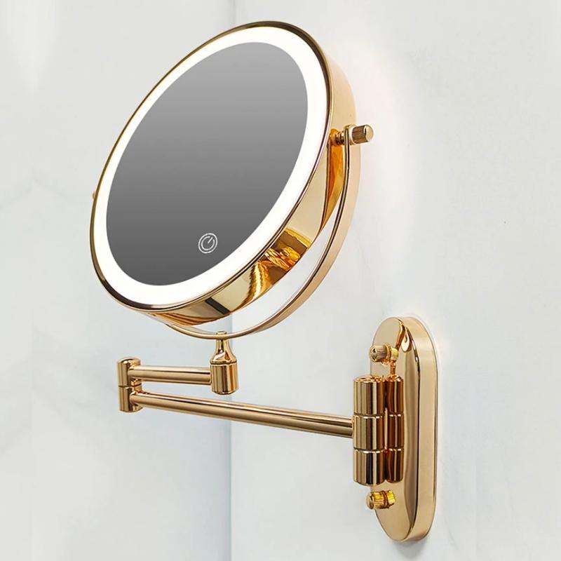 LED Väggspegel med Guld Finish och Förstoringsglas