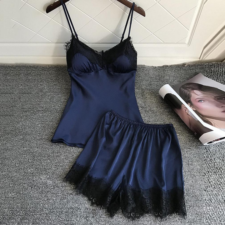 V-Neck Satin Sleepwear Set för kvinnor