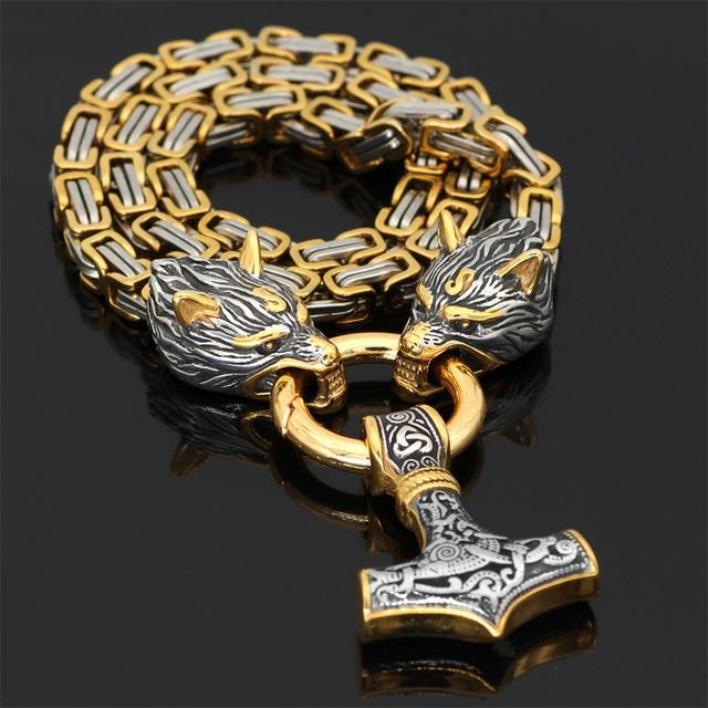 Rostfritt stål dubbelt varghuvud &amp; Mjolnir Survival Spirit Halsband/armband