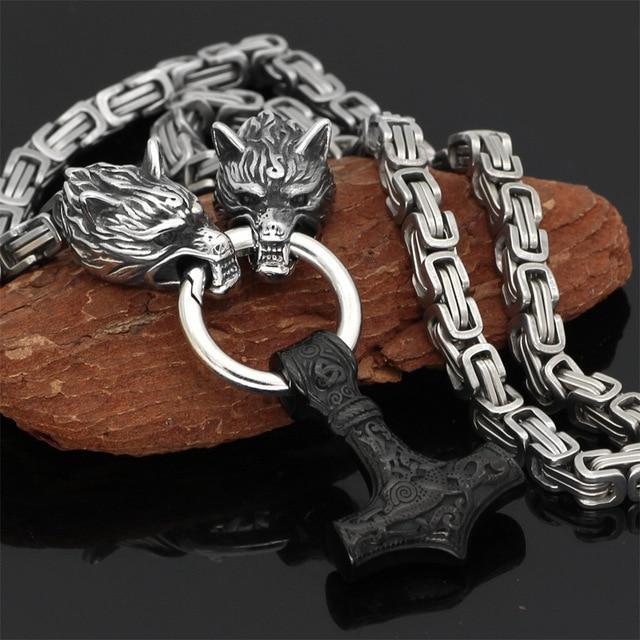 Rostfritt stål dubbelt varghuvud &amp; Mjolnir Survival Spirit Halsband/armband