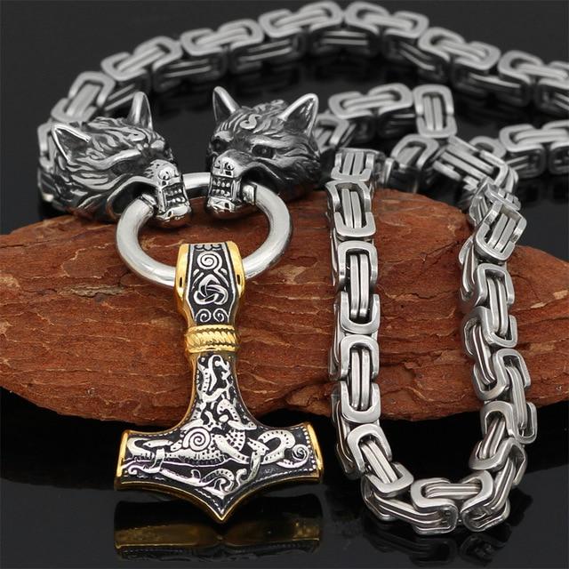 Rostfritt stål dubbelt varghuvud &amp; Mjolnir Survival Spirit Halsband/armband