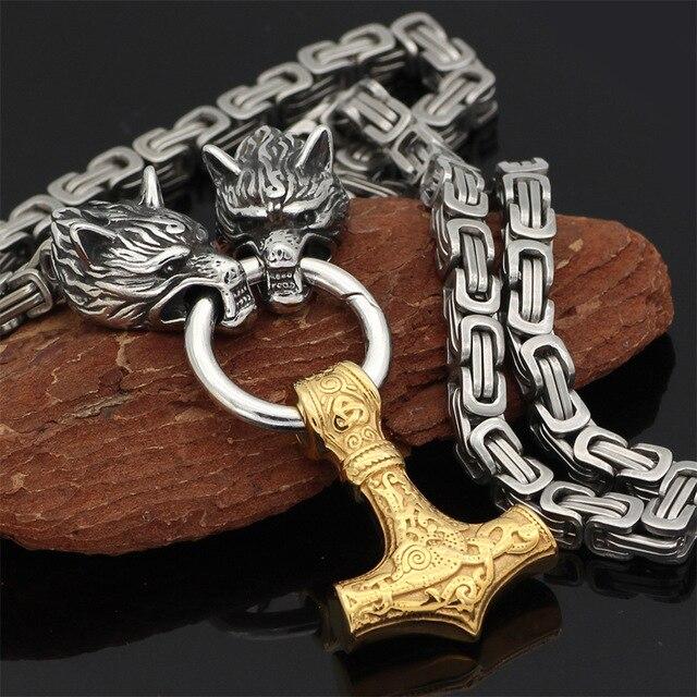 Rostfritt stål dubbelt varghuvud &amp; Mjolnir Survival Spirit Halsband/armband
