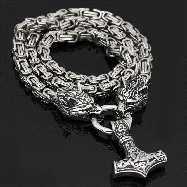 Rostfritt stål dubbelt varghuvud &amp; Mjolnir Survival Spirit Halsband/armband