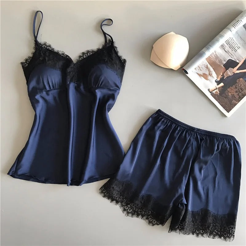 V-Neck Satin Sleepwear Set för kvinnor