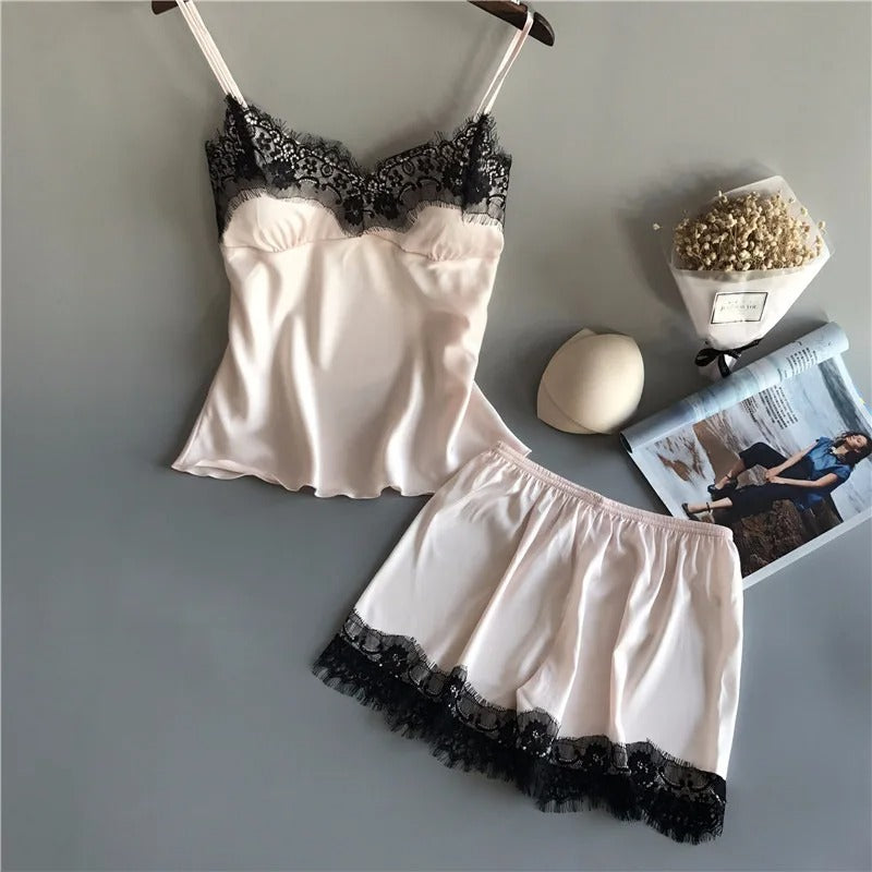 V-Neck Satin Sleepwear Set för kvinnor