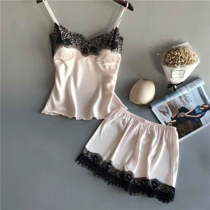 V-Neck Satin Sleepwear Set för kvinnor