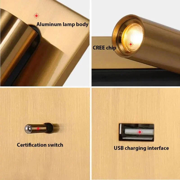 Justerbar USB-laddningsvägglampa med 350° rotation – Modern vägglampa för nattduksbord och hotellanvändning