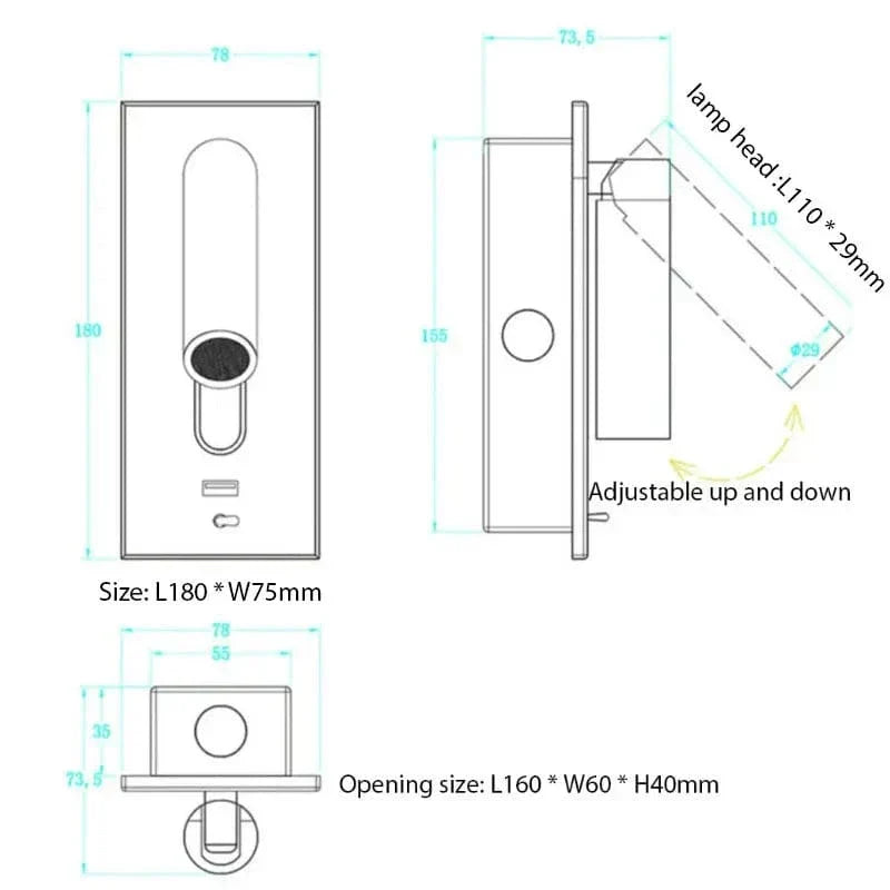 Justerbar USB-laddningsvägglampa med 350° rotation – Modern vägglampa för nattduksbord och hotellanvändning
