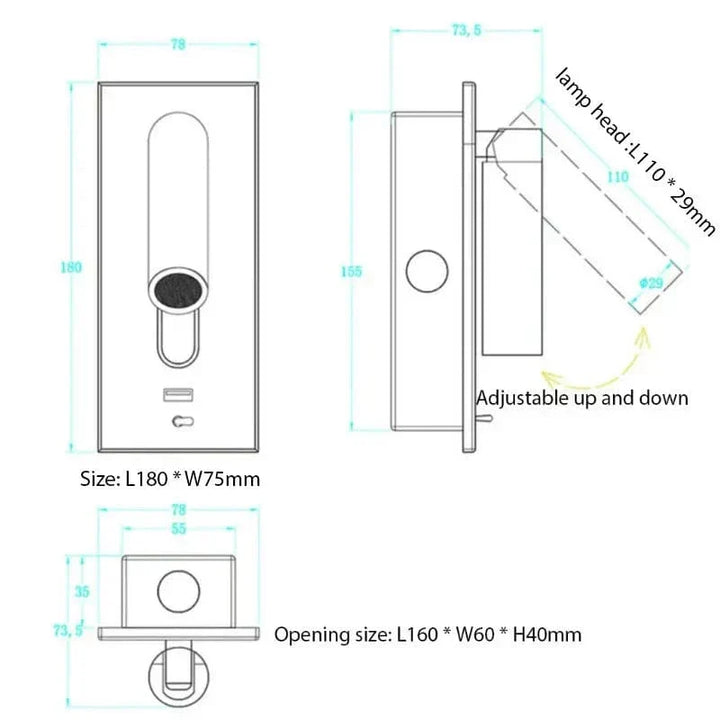 Justerbar USB-laddningsvägglampa med 350° rotation – Modern vägglampa för nattduksbord och hotellanvändning